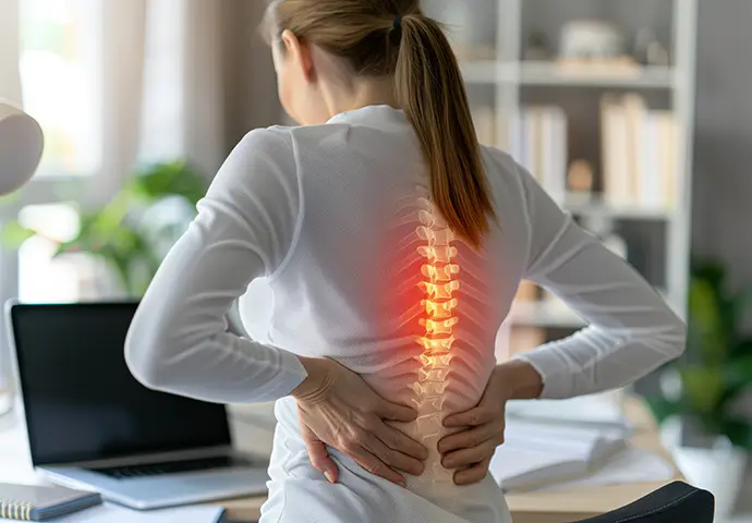 woman working in an office has severe back pain at her workplace and touches her back