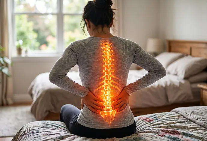 Woman with back pain sitting on a bed