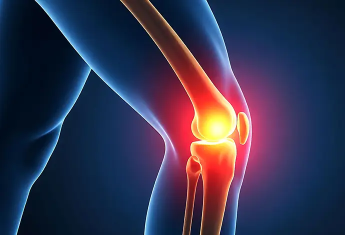 Human knee joint bilateral pain inflammation anatomy with red light medical glow