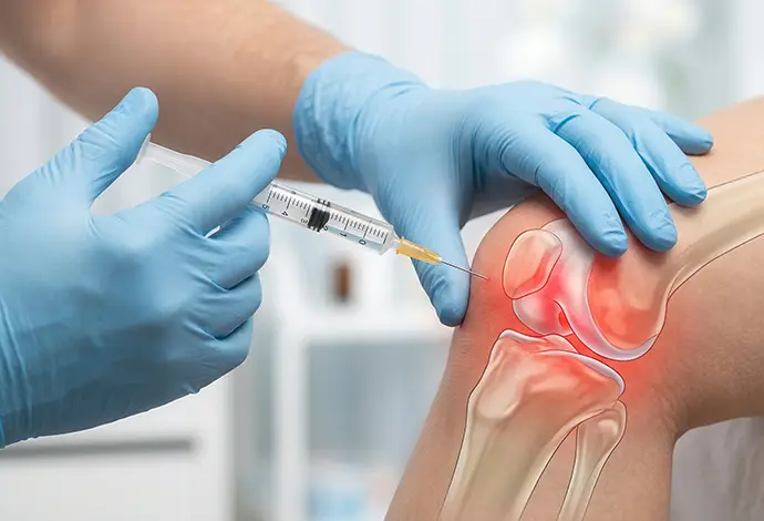 gloved clinician injects platelet-rich plasma (PRP) into a painful knee joint, treating osteoarthritis with regenerative therapy and showcasing knee anatomy and inflammation