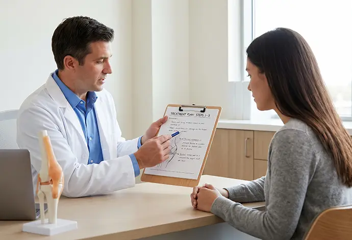 Medical Doctor Explaining a Knee Treatment Plan to a Young Female Patient in a Modern Clinic Office Setting