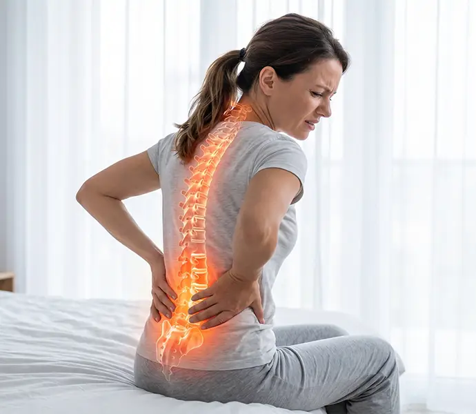 young woman sitting on the edge of a bed grimacing in severe lower back pain