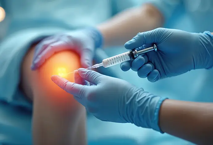 Doctor injects hyaluronic acid into painful knee joint
