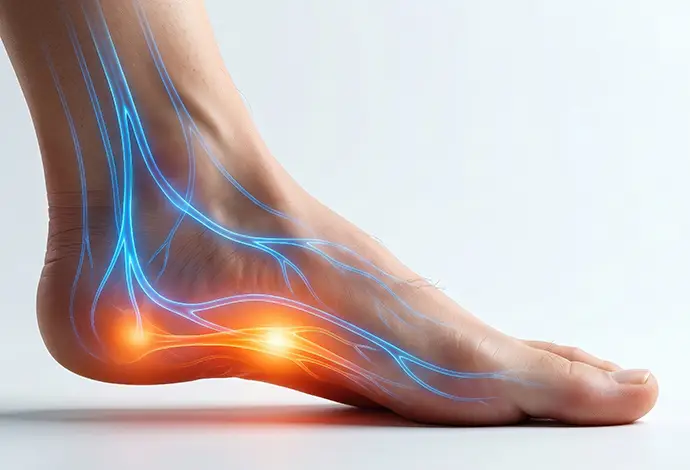 Pain neuropathy concept shows neural connection in foot with healthcare focus on nerve inflammation and discomfort relief treatment