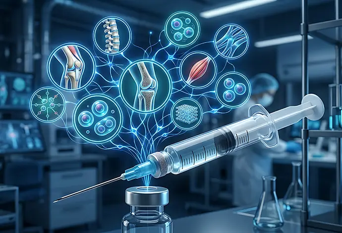 Illustration of regenerative medicine research featuring an injection syringe surrounded by images of joints, cells, muscles, nerves, and the spine.